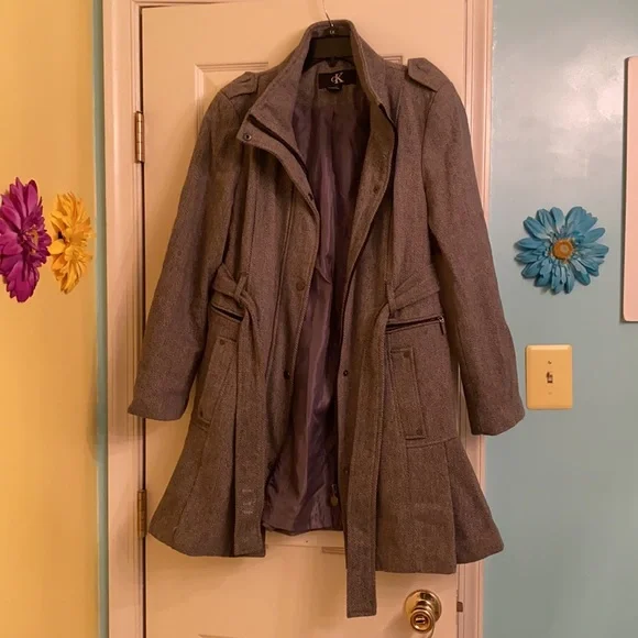 Gray Calvin Klein Wool Blend Belted Coat Medium - Picture 2 of 7